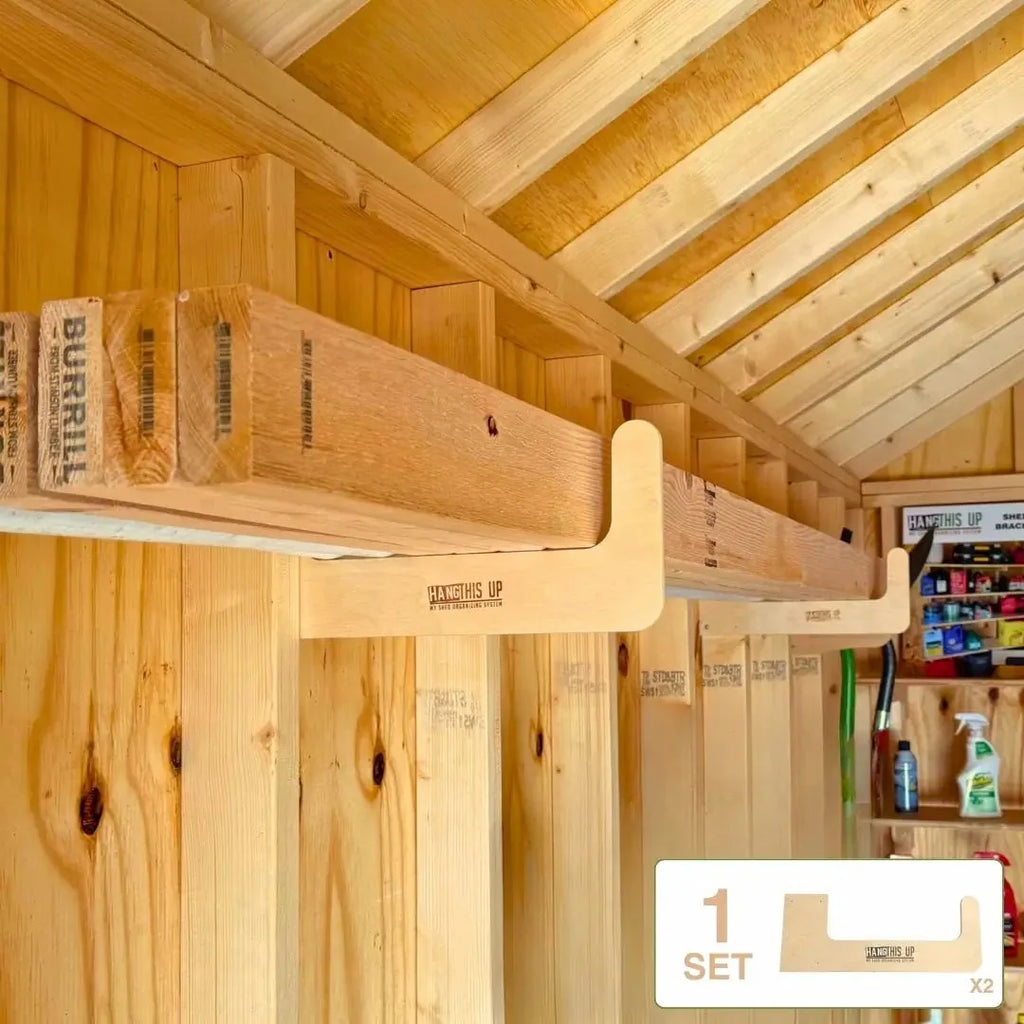 Wood bracket holding long items under shed rafters
