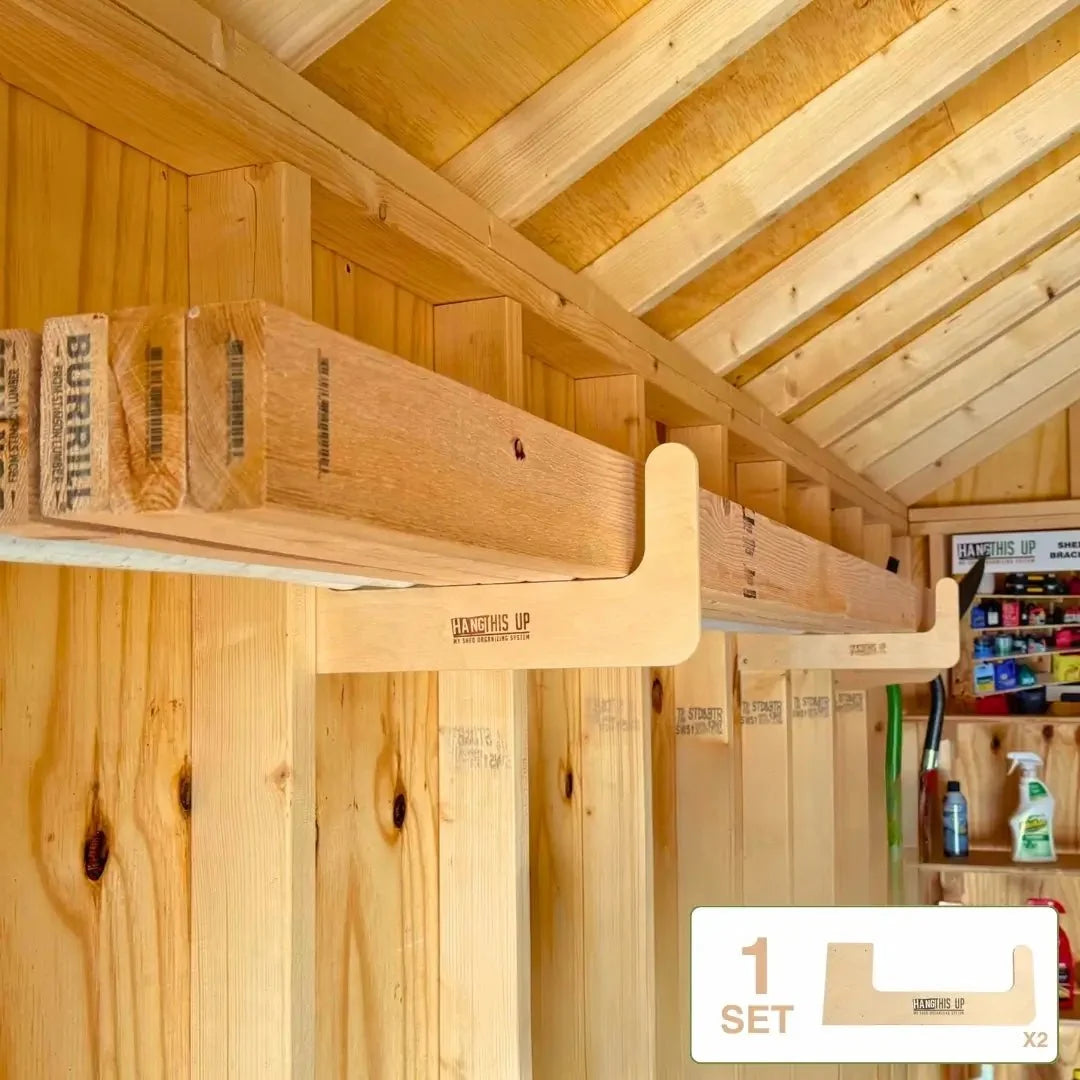 Wood bracket holding long items under shed rafters