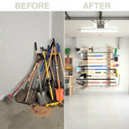 Garage corner before and after installing the garden tool rack