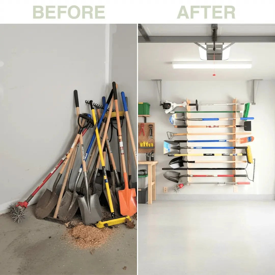 Garage corner before and after installing the garden tool rack