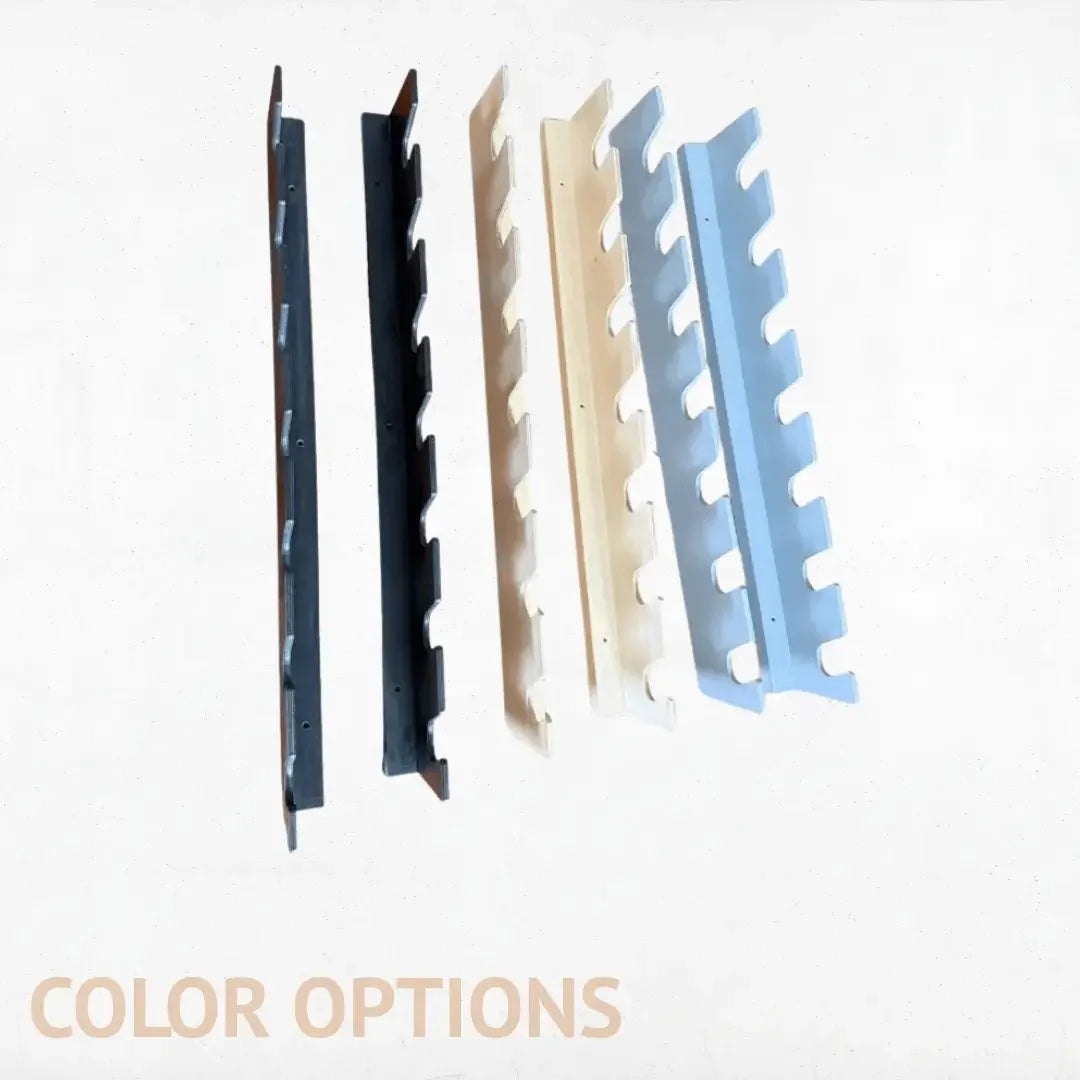 Garden tool rack color options: black, natural wood, white and blue
