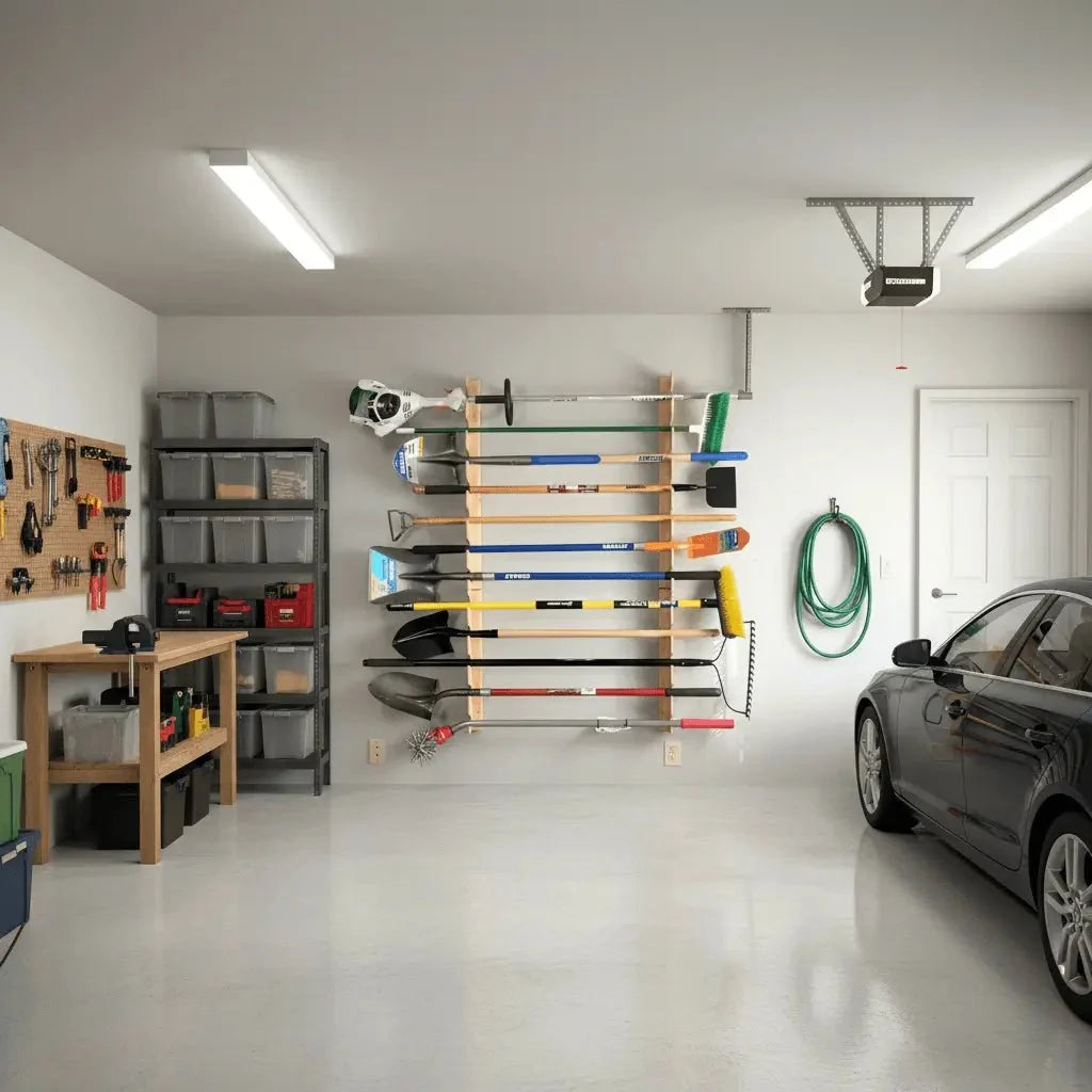 Garage with the garden tool rack on the wall beside a parked car