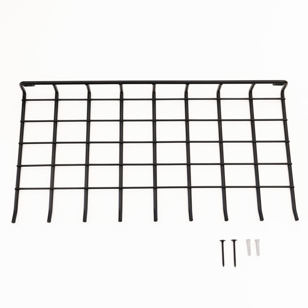 Black wire garden tool shelf with included mounting screws and anchors
