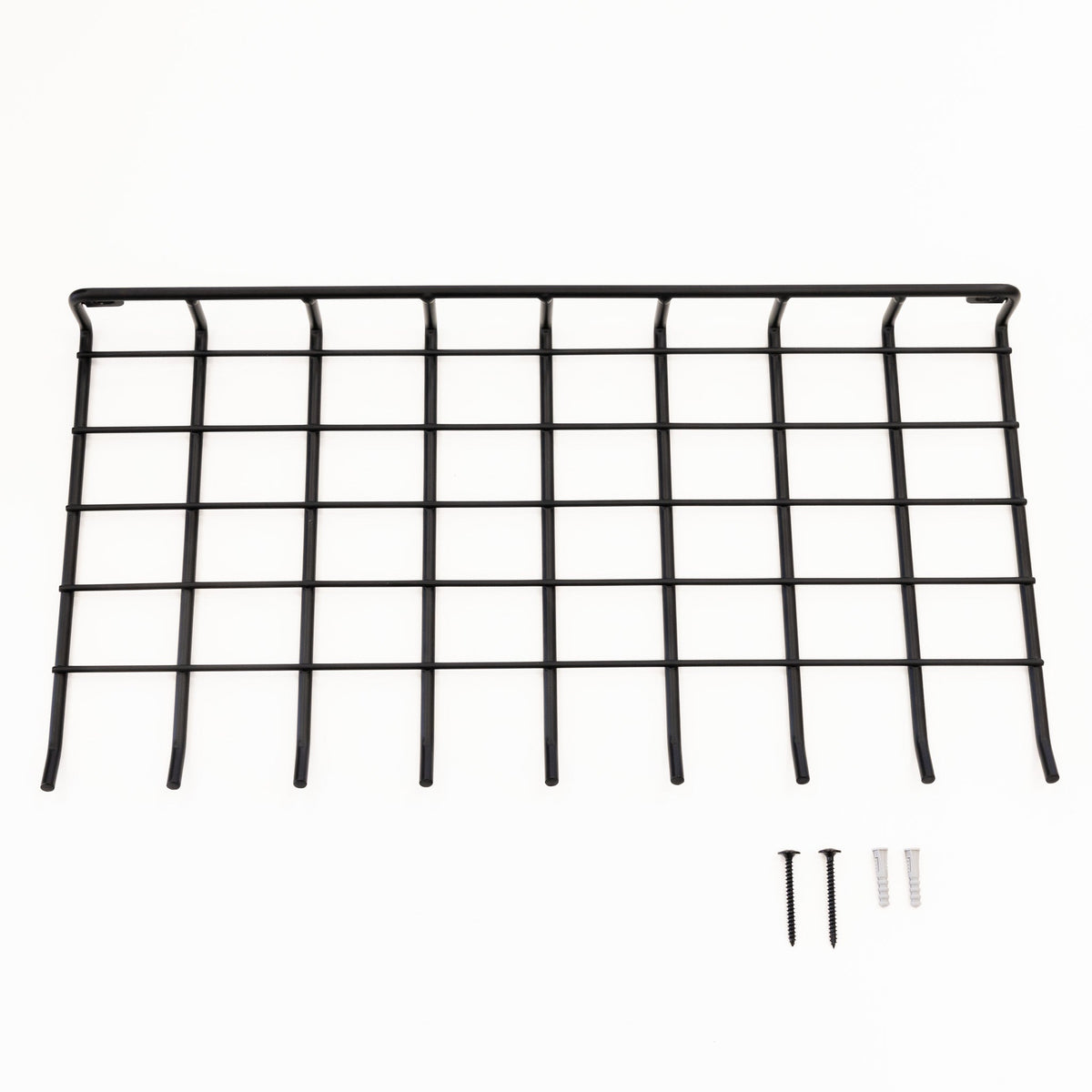 Black wire garden tool shelf with included mounting screws and anchors