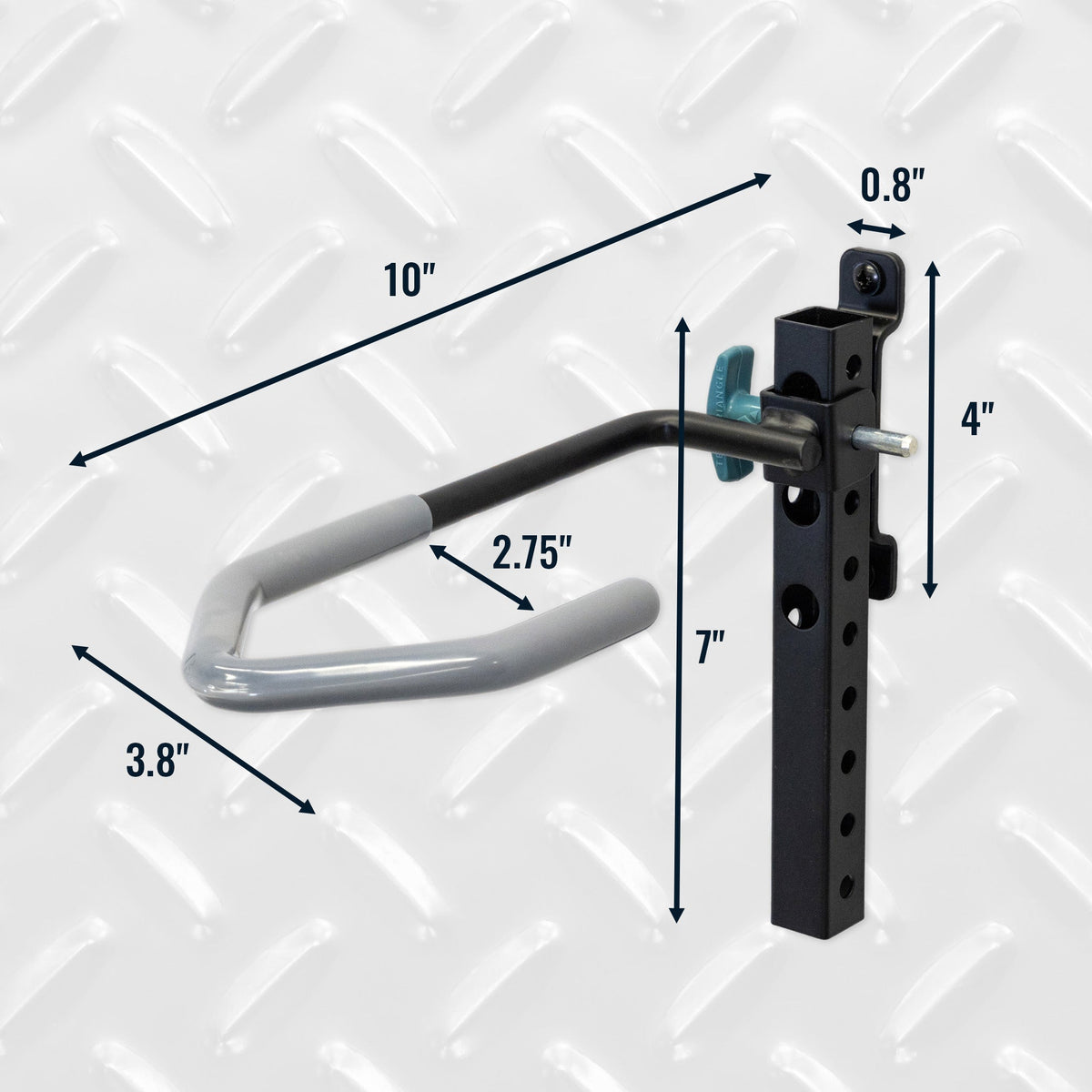 WheelRest hook dimensions: 10 in long, 7 in tall mount, 3.8 in hook, 2.75 in wide, 0.8 in rail